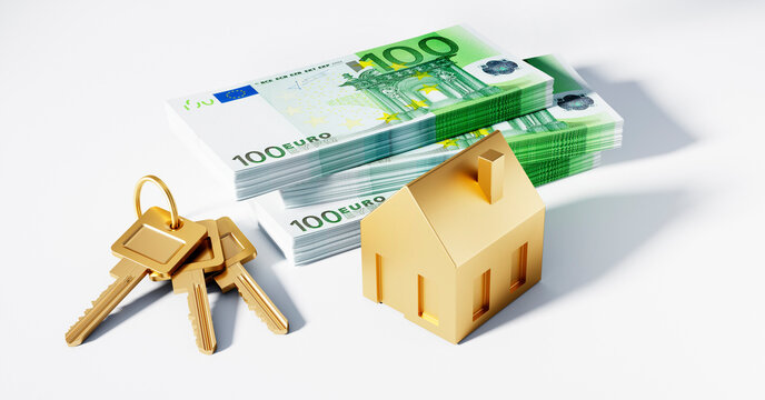 Golden symbol house and golden keys with stacks of 100 Euro bank notes - 3D illustration