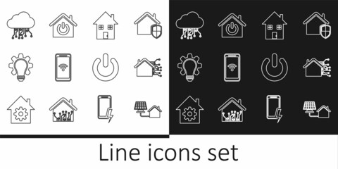 Set line House with solar panel, Smart home, Mobile wi-fi wireless, Light bulb and gear, Internet of things, Power button and icon. Vector