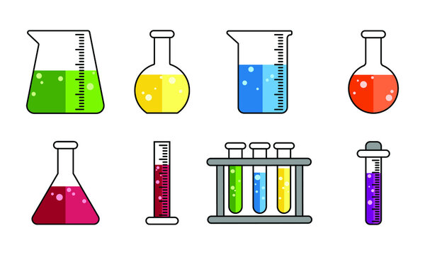 set of various beaker and flask illustrations. a collection of laboratory equipment in a flat design drawing. objects for educational design elements.