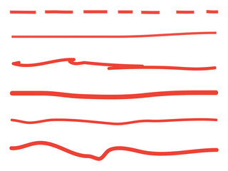 Red lines hand drawn vector set isolated on white background. Collection of doodle lines, hand drawn template. Red marker and grunge brush stroke lines, vector illustration