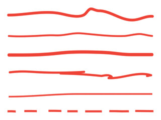 Red lines hand drawn vector set isolated on white background. Collection of doodle lines, hand drawn template. Red marker and grunge brush stroke lines, vector illustration