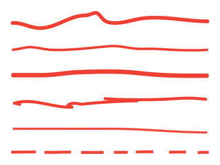 Red lines hand drawn vector set isolated on white background. Collection of doodle lines, hand drawn template. Red marker and grunge brush stroke lines, vector illustration