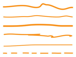 Orange lines hand drawn vector set isolated on white background. Collection of doodle lines, hand drawn template. Orange marker and grunge brush stroke lines, vector illustration