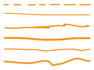 Orange lines hand drawn vector set isolated on white background. Collection of doodle lines, hand drawn template. Orange marker and grunge brush stroke lines, vector illustration