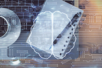 Double exposure of brain sketch and table top veiw. Concept of data analysis.