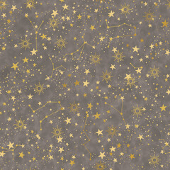 Hand drawn seamless pattern with stars. Golden celestial objects on grey sky.