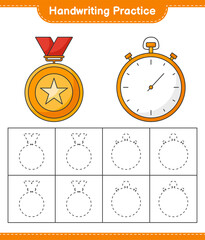 Handwriting practice. Tracing lines of Trophy and Stopwatch. Educational children game, printable worksheet, vector illustration