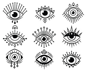 Set of mystical eyes. Collection of boho eyeballs in linear style. Occult mystic emblem. Evil seeing eye. Hamsa eye. Vector illustration on white background. 