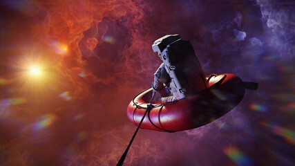 astronaut in rubber boat, surreal space background banner