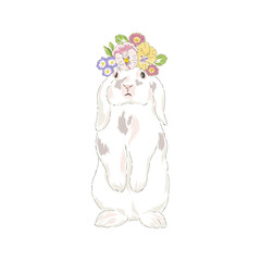 Cute spring Easter bunny in floral wreath hand drawn vector illustration isolated on white. Vintage classic aesthetic print.