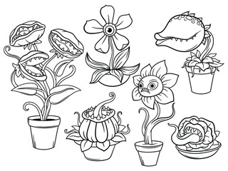 Set of monster flowers and plants. Collection of Halloween flower predatory. Spooky plants. Vector illustration of scary festive nature. Drawing with children. - obrazy, fototapety, plakaty