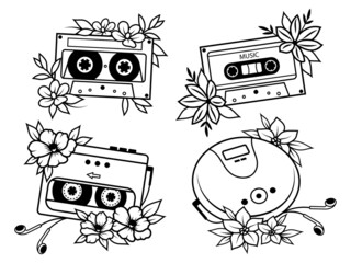 Set of floral cassette player. Collection of vintage retro audio cassette and disk drawn in floral design. Vector illustration of old school fashion print for t-shirt. Nostalgia music equipment. 