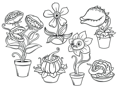 Set of monster flowers and plants. Collection of Halloween flower predatory. Spooky plants. Vector illustration of scary festive nature. Drawing with children.