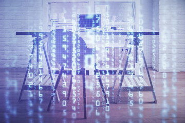 Multi exposure of data theme drawing and office interior background. Concept of technology.