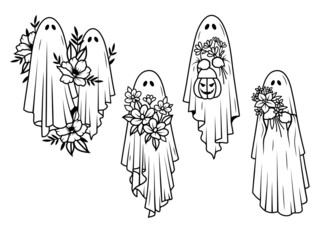 Set of silhouettes ghosts. Collection of mystical evil Halloween spirits. Stylized souls. Vector illustration of magical creatures.