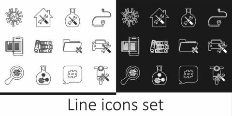 Set line Scooter service, Car, Bioengineering, Office folders, Smartphone and book, Bacteria, Folder and House icon. Vector