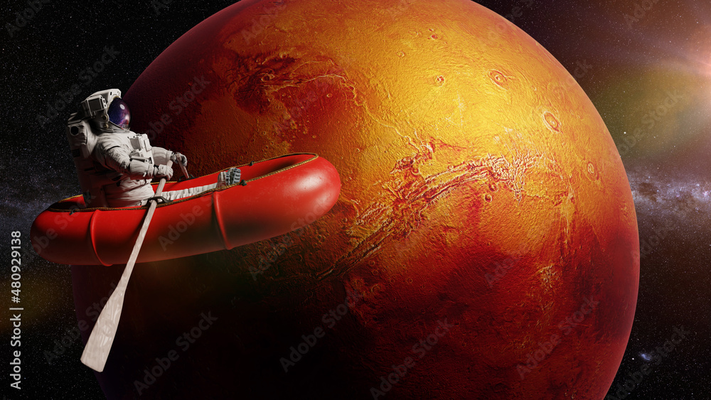 Canvas Prints astronaut in rubber boat in orbit of planet mars