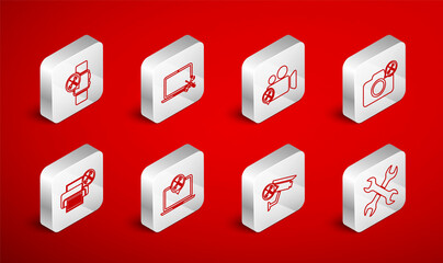 Set line Crossed wrenchs, Laptop service, Video camera, Photo, Security, Smartwatch, and Printer icon. Vector