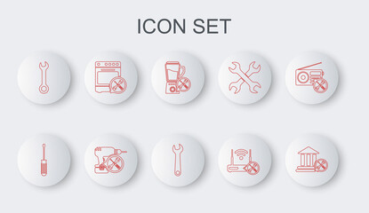 Set line Bank building service, Screwdriver, Blender, Router wi-fi with, Wrench, Oven, Drill machine and icon. Vector