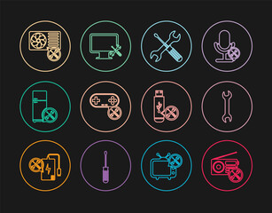 Set line Radio service, Wrench, Crossed screwdriver and wrench, Gamepad, Refrigerator, Air conditioner, USB flash and Computer monitor icon. Vector