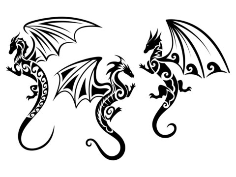 Set of tribal dragons. Collection of ancient fantasy animals creatures. Fantastic reptile. Vector illustration isolated on white background. Tattoo.