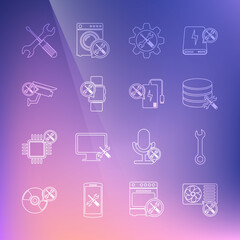 Set line Air conditioner service, Wrench, Database server, and screwdriver in gear, Smartwatch, Security camera, Crossed wrench and Power bank icon. Vector