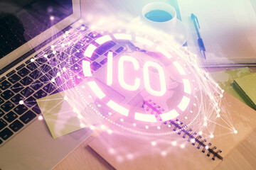 Double exposure of crypto technology drawing and desktop with coffee and items on table background....