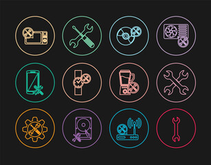 Set line Wrench, Crossed wrenchs, CD or DVD disk service, Wrist watch, Smartphone, Microwave oven, Blender and screwdriver and icon. Vector
