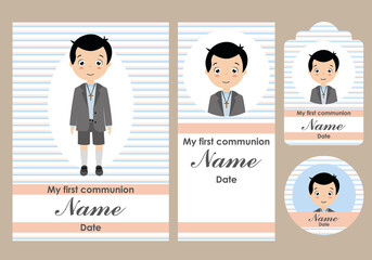 First communion card, bookmark, label and sticker set for boy