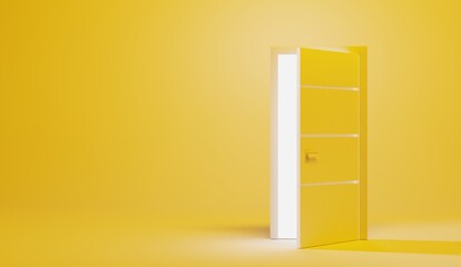 Opening door with white light, isolated on yellow background, front view. Creative illustration interior door in empty room, 3d render entrance doorway. Modern minimal concept. Opportunity metaphor