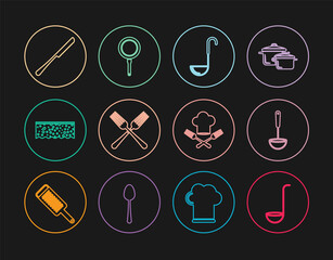 Set line Kitchen ladle, Crossed fork, Sponge with bubbles, Knife, Chef hat and and Frying pan icon. Vector