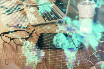 Double exposure of financial theme drawing and cell phone background. Concept of business