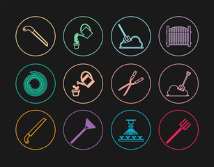 Set line Garden pitchfork, Shovel in the ground, Watering can, hose fire hose, saw, Gardening handmade scissor and icon. Vector
