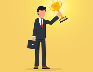 Business achievement. Celebrating businessman holding winner cup trophy.