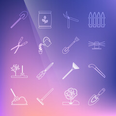 Set line Garden trowel spade or shovel, saw, Automatic irrigation sprinklers, Gardening handmade scissor, Watering can, and icon. Vector