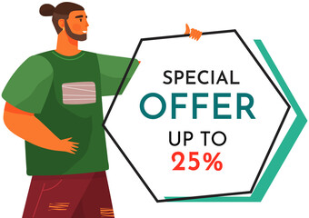 Special offer banner. Sale and discounts up to. Hot offer poster with man holding flyer. New arrival, big sale and super price. Black friday. Special advertising leaflet purchases with great savings