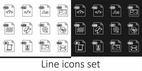 Set line EML file document, MP3, OTF, MSG, PNG, PHP, AVI and HTML icon. Vector