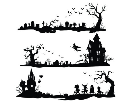 Set of halloween scene. Collection of scary graveyard with bat, haunted house and pumpkin face. Spooky holiday. Vector illustration of a witch on a tombstone.