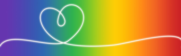 A white neon light in a heart shape on a rainbow linear color gradient