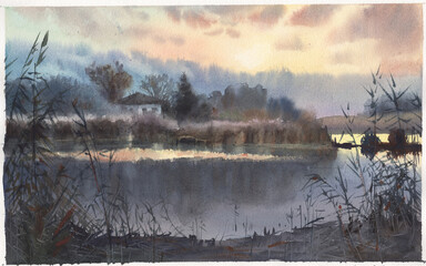 Fototapeta premium Poster of wall art landscape watercolor painting clip art for background. You can use like luxury invitation card with nature and organic shapes and invite design for wedding and vip cover template. 