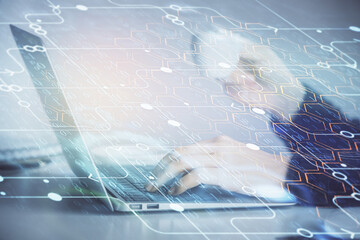 Multi exposure of woman hands working on computer and data theme hologram drawing. Tech concept.