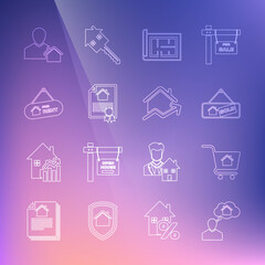 Set line Man dreaming about buying house, Shopping cart with, Hanging sign Sold, House plan, contract, For Rent, Realtor and Rising cost of housing icon. Vector
