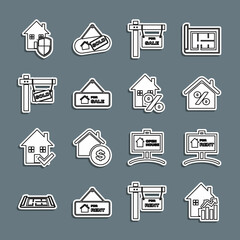 Set line Rising cost of housing, Hanging sign with For Rent, House percant, Sale, Sold, under protection and icon. Vector
