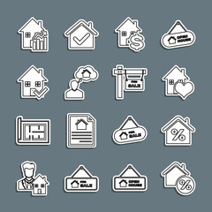 Set line House with percant, heart shape, dollar, Man dreaming about buying house, check mark, Rising cost of housing and Hanging sign For Sale icon. Vector
