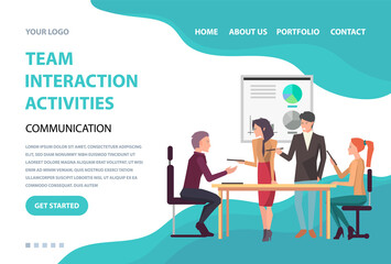 Team interaction activity concept. Boss giving presentation for employees, woman and man, people brainstorming, meeting and teambuilding. Website or webpage template, landing page flat style