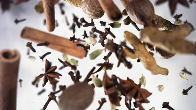Super slow motion of flying Spices. Filmed on high speed camera