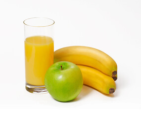 Orange juice glass and fapple banana ruits on white background.