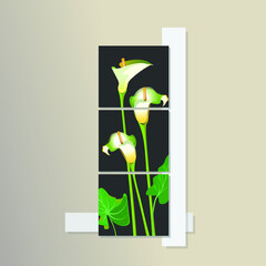 Callas lilies triptych modular paintings on a beige background. Vector illustration for interior design, other.