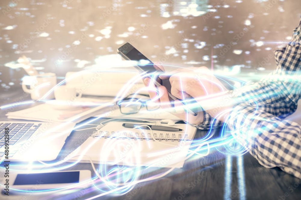 Aufkleber Double exposure of man's hands holding and using a digital device and automobile theme hologram drawing. Technology concept.