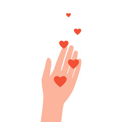 Human hand sends heart love, congratulate, support, good feedback, thanks. Woman hands give hearts like. Concept of charity, donation, help. Hands gesture share your love. Vector